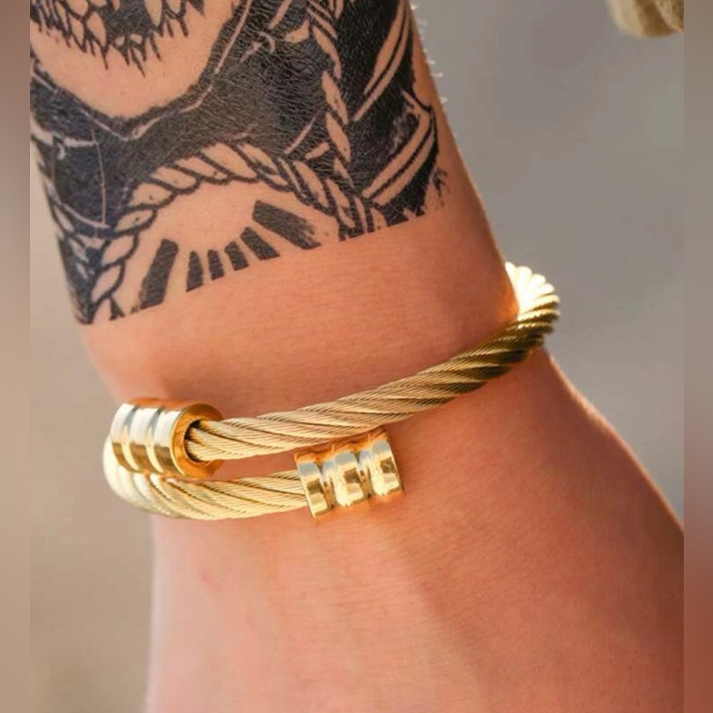 ✯ Men’s Gold Plated Stainless Steel Adjustable Rope Cuff Bracelet